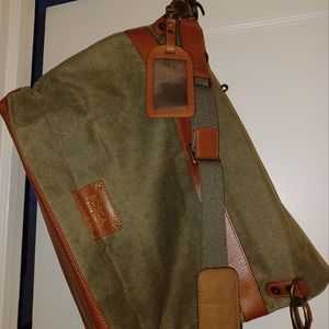 Bosca Crossbody Messenger Bag; med to large. Green canvas &brown leather.